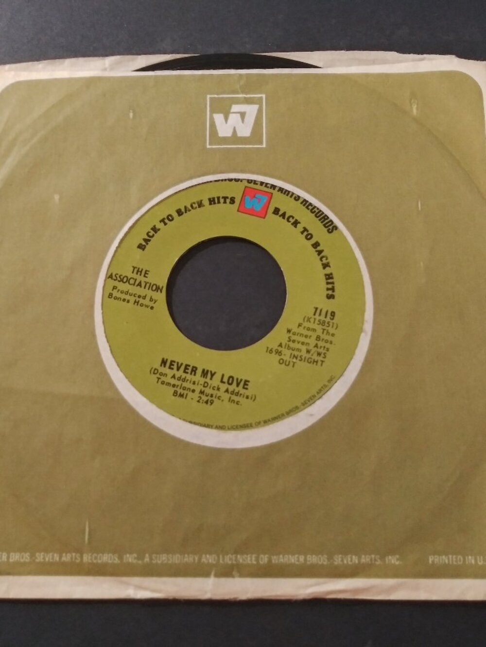 The Association – Never My Love & Windy VG+ Reissue 45RPM Warner Bros Record